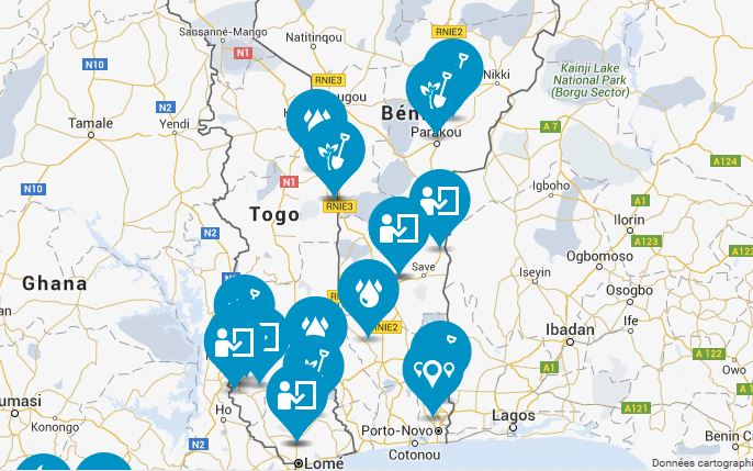 La carte des projets que nous allons visiter au Togo